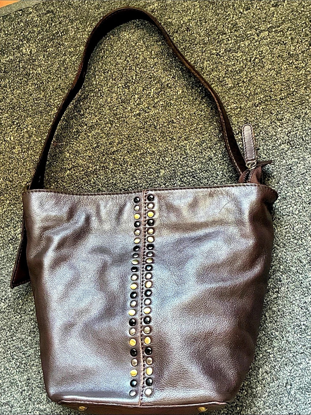 Vilenca Holland Leather Studded Shoulder Bag Dark Brown